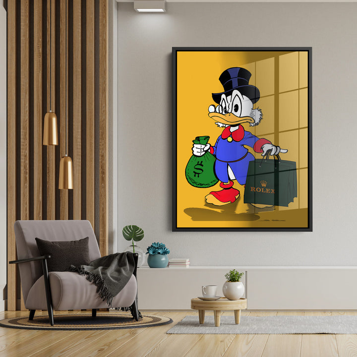 WANDBILD „Reicher Onkel Dagobert“ – Acrylglas & Alu-Dibond | Exklusive und Moderne Pop-Art in Museumsqualität