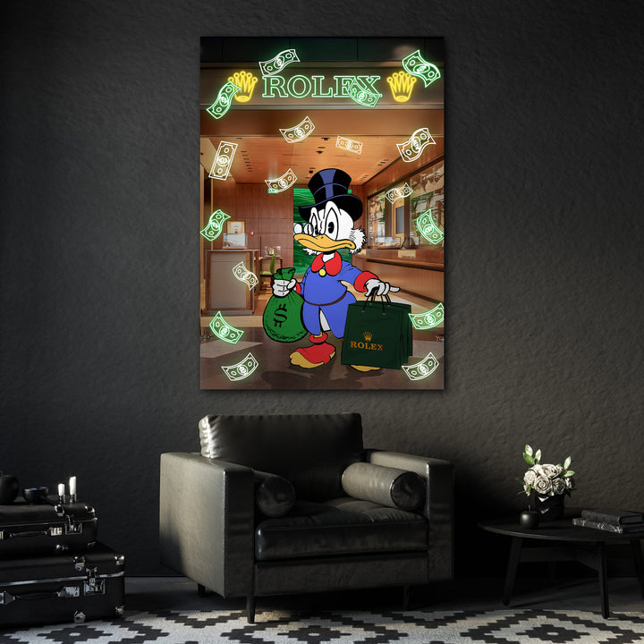 WANDBILD „Onkel Dagobert im Rolex-Shop“ – Acrylglas & Alu-Dibond | Exklusive und Moderne Pop-Art in Museumsqualität