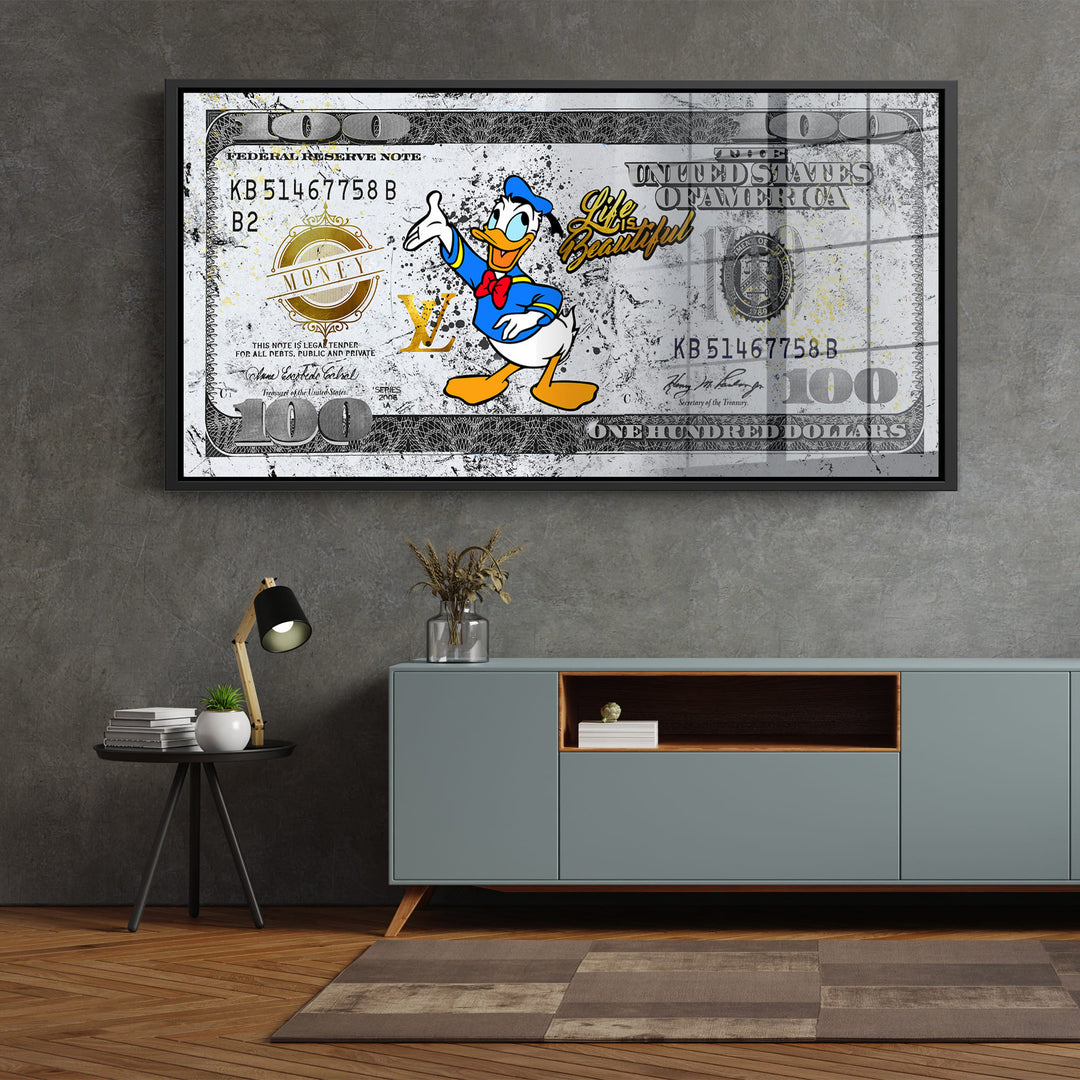 WANDBILD „Life is Beautiful – Donald Duck“ – Acrylglas & Alu-Dibond | Exklusive und Moderne Pop-Art in Museumsqualität