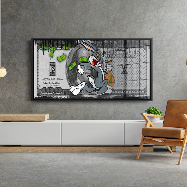 WANDBILD „Bugs Bunny – Geldregen“ – Acrylglas & Alu-Dibond | Exklusive und Moderne Pop-Art in Museumsqualität