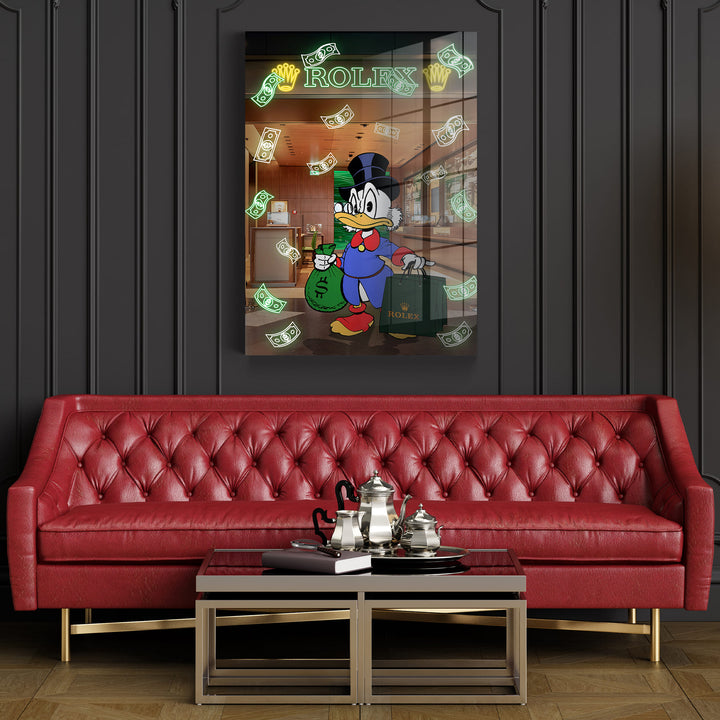 WANDBILD „Onkel Dagobert im Rolex-Shop“ – Acrylglas & Alu-Dibond | Exklusive und Moderne Pop-Art in Museumsqualität