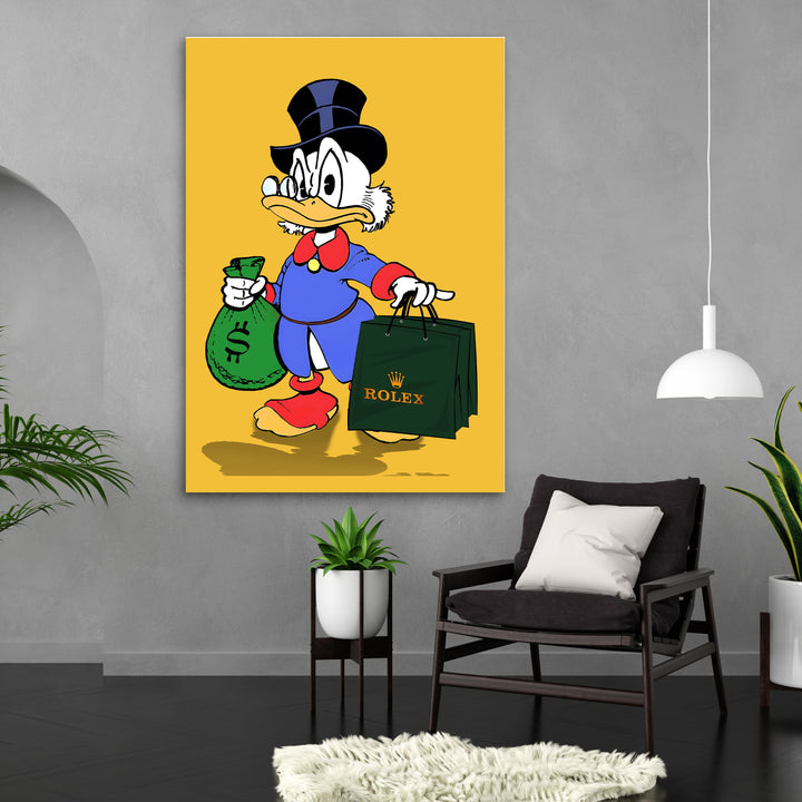 WANDBILD „Reicher Onkel Dagobert“ – Acrylglas & Alu-Dibond | Exklusive und Moderne Pop-Art in Museumsqualität
