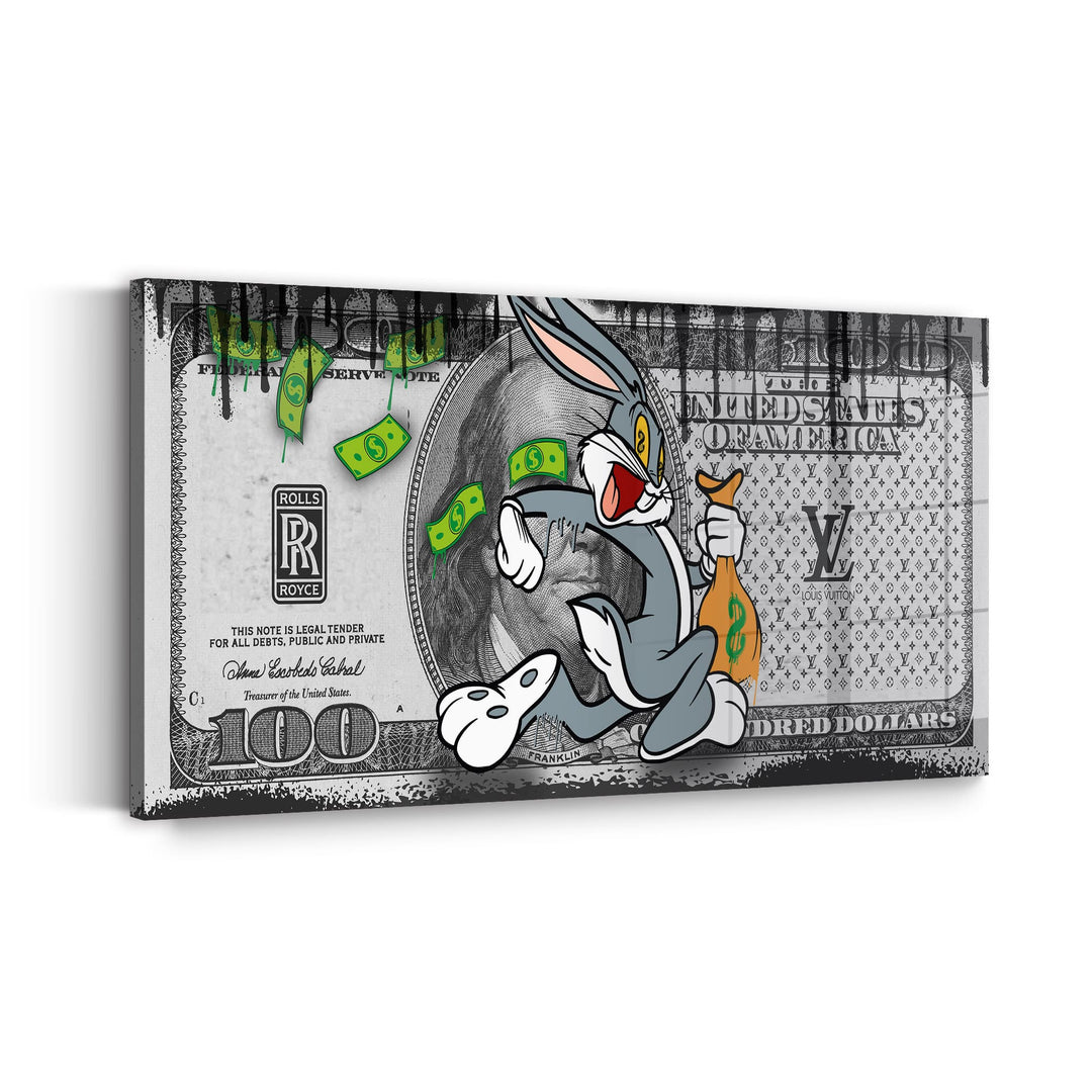 WANDBILD „Bugs Bunny – Geldregen“ – Acrylglas & Alu-Dibond | Exklusive und Moderne Pop-Art in Museumsqualität