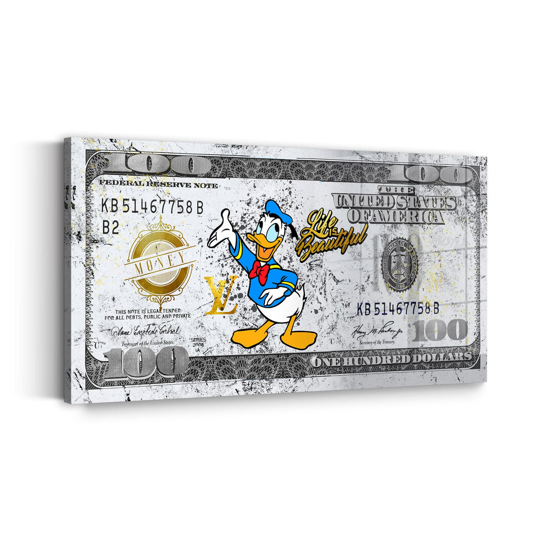 WANDBILD „Life is Beautiful – Donald Duck“ – Acrylglas & Alu-Dibond | Exklusive und Moderne Pop-Art in Museumsqualität