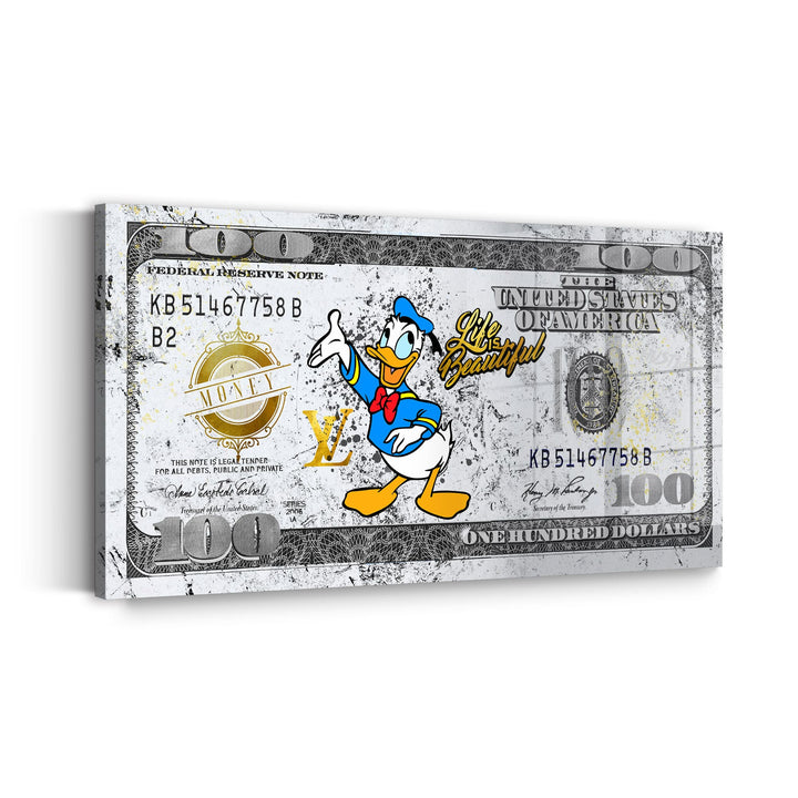 WANDBILD „Life is Beautiful – Donald Duck“ – Acrylglas & Alu-Dibond | Exklusive und Moderne Pop-Art in Museumsqualität