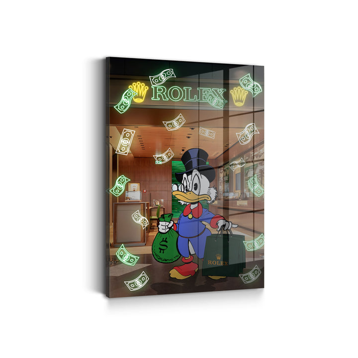 WANDBILD „Onkel Dagobert im Rolex-Shop“ – Acrylglas & Alu-Dibond | Exklusive und Moderne Pop-Art in Museumsqualität