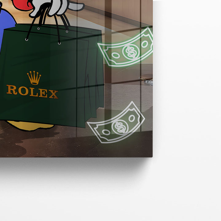 WANDBILD „Onkel Dagobert im Rolex-Shop“ – Acrylglas & Alu-Dibond | Exklusive und Moderne Pop-Art in Museumsqualität