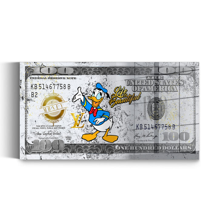 WANDBILD „Life is Beautiful – Donald Duck“ – Acrylglas & Alu-Dibond | Exklusive und Moderne Pop-Art in Museumsqualität