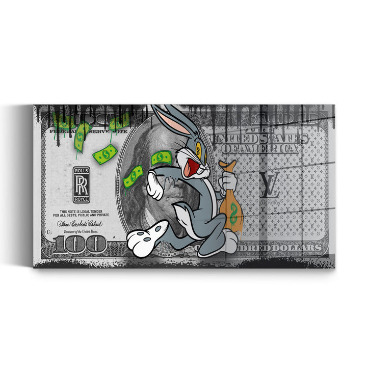 WANDBILD „Bugs Bunny – Geldregen“ – Acrylglas & Alu-Dibond | Exklusive und Moderne Pop-Art in Museumsqualität