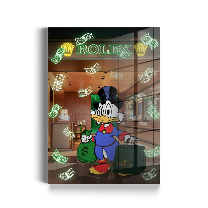 WANDBILD „Onkel Dagobert im Rolex-Shop“ – Acrylglas & Alu-Dibond | Exklusive und Moderne Pop-Art in Museumsqualität