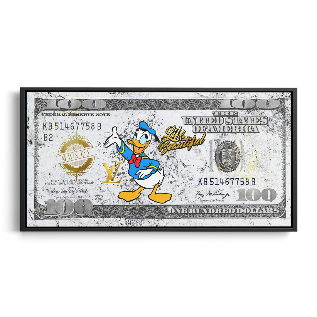 WANDBILD „Life is Beautiful – Donald Duck“ – Acrylglas & Alu-Dibond | Exklusive und Moderne Pop-Art in Museumsqualität
