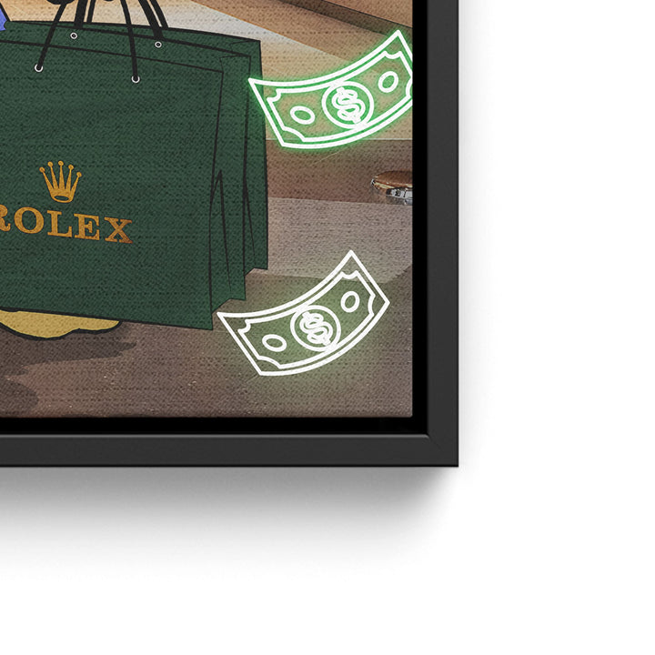 WANDBILD „Onkel Dagobert im Rolex-Shop“ – Acrylglas & Alu-Dibond | Exklusive und Moderne Pop-Art in Museumsqualität