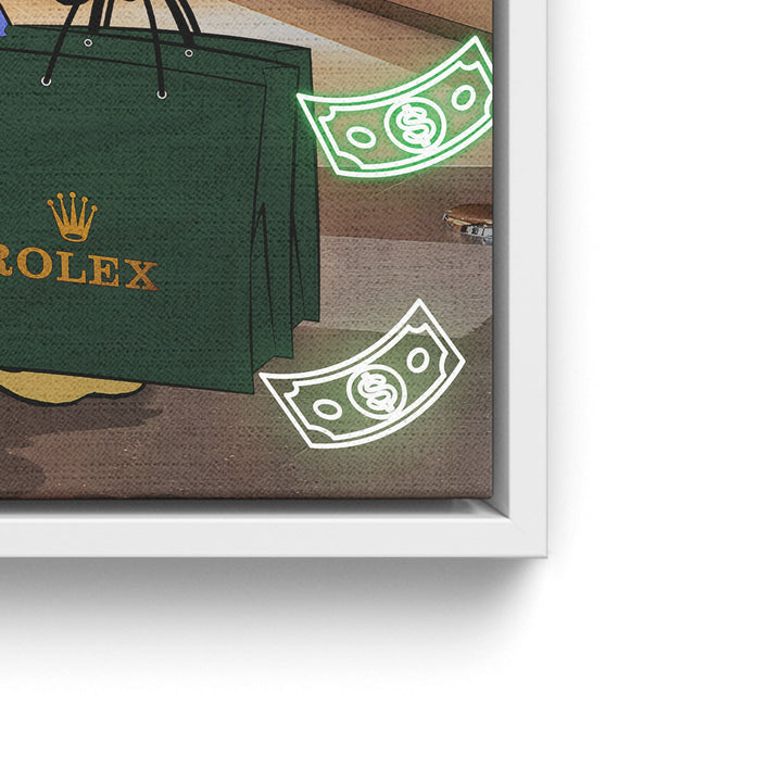 WANDBILD „Onkel Dagobert im Rolex-Shop“ – Acrylglas & Alu-Dibond | Exklusive und Moderne Pop-Art in Museumsqualität