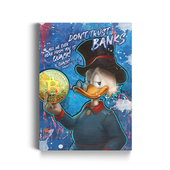 WANDBILD „Glaub nicht den Banken“ – Acrylglas & Alu-Dibond | Exklusive und Moderne Pop-Art in Museumsqualität