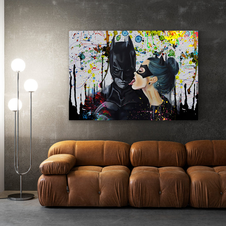 WANDBILD „Batman und Catwoman – Die Verführung“ – Acrylglas & Alu-Dibond | Exklusive und Moderne Pop-Art in Museumsqualität