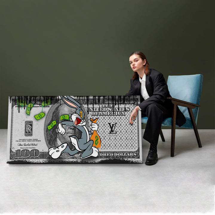 WANDBILD „Bugs Bunny – Geldregen“ – Acrylglas & Alu-Dibond | Exklusive und Moderne Pop-Art in Museumsqualität