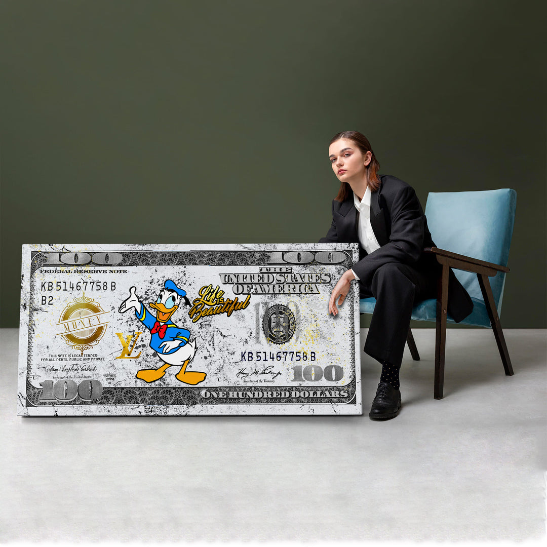 WANDBILD „Life is Beautiful – Donald Duck“ – Acrylglas & Alu-Dibond | Exklusive und Moderne Pop-Art in Museumsqualität