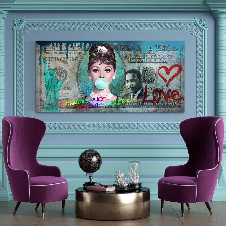 WANDBILD „Audrey Hepburn – Liebe und Glamour“ – Acrylglas & Alu-Dibond | Exklusive und Moderne Pop-Art in Museumsqualität