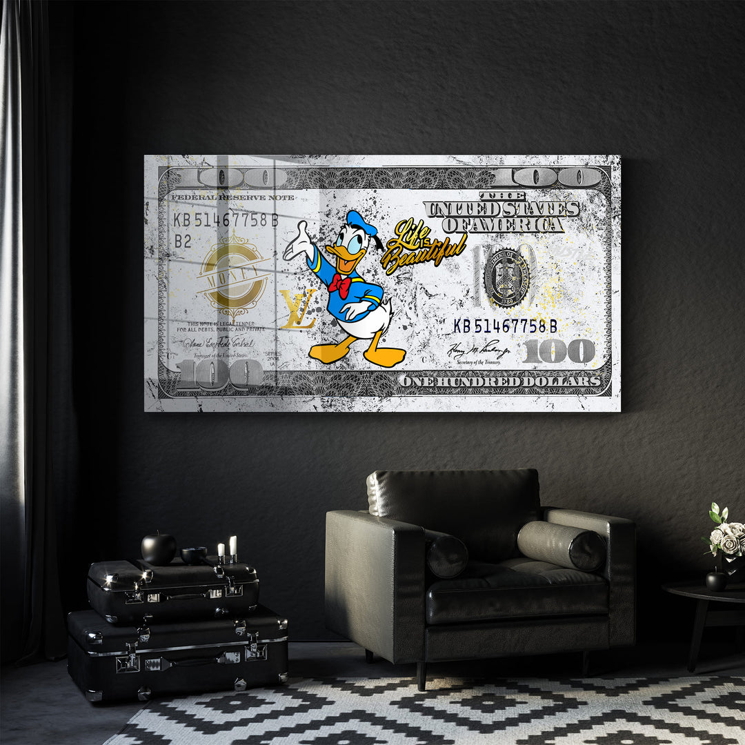 WANDBILD „Life is Beautiful – Donald Duck“ – Acrylglas & Alu-Dibond | Exklusive und Moderne Pop-Art in Museumsqualität