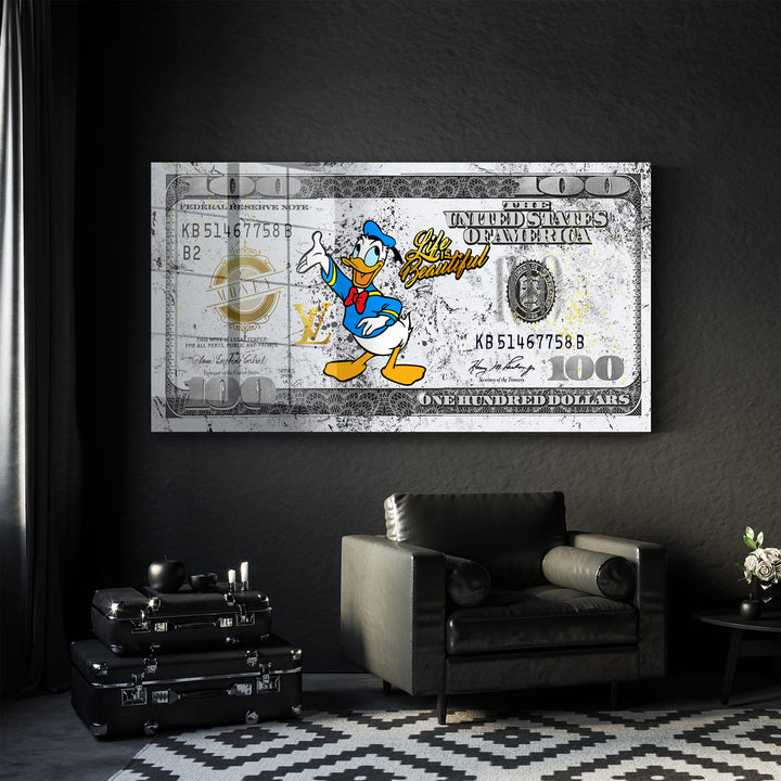 WANDBILD „Life is Beautiful – Donald Duck“ – Acrylglas & Alu-Dibond | Exklusive und Moderne Pop-Art in Museumsqualität