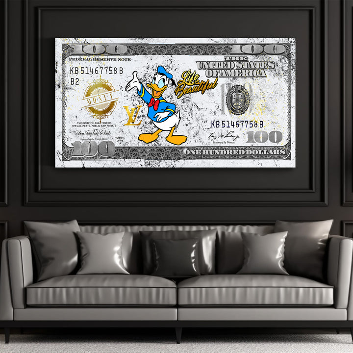 WANDBILD „Life is Beautiful – Donald Duck“ – Acrylglas & Alu-Dibond | Exklusive und Moderne Pop-Art in Museumsqualität