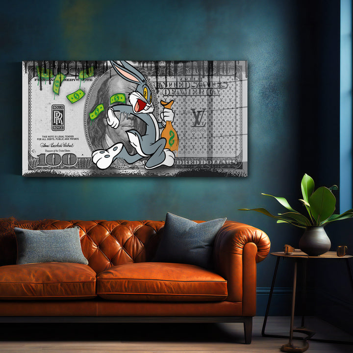WANDBILD „Bugs Bunny – Geldregen“ – Acrylglas & Alu-Dibond | Exklusive und Moderne Pop-Art in Museumsqualität
