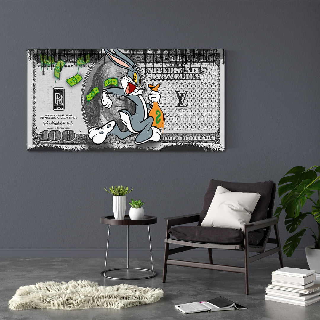 WANDBILD „Bugs Bunny – Geldregen“ – Acrylglas & Alu-Dibond | Exklusive und Moderne Pop-Art in Museumsqualität