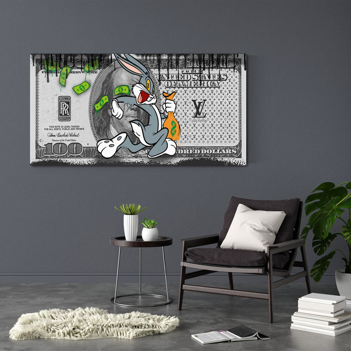 WANDBILD „Bugs Bunny – Geldregen“ – Acrylglas & Alu-Dibond | Exklusive und Moderne Pop-Art in Museumsqualität