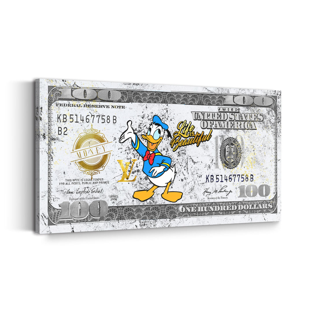 WANDBILD „Life is Beautiful – Donald Duck“ – Acrylglas & Alu-Dibond | Exklusive und Moderne Pop-Art in Museumsqualität