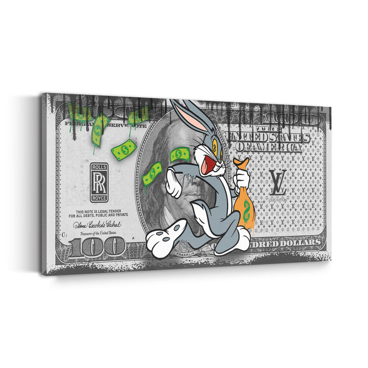 WANDBILD „Bugs Bunny – Geldregen“ – Acrylglas & Alu-Dibond | Exklusive und Moderne Pop-Art in Museumsqualität