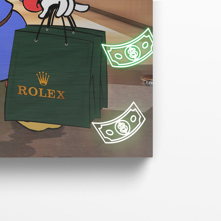 WANDBILD „Onkel Dagobert im Rolex-Shop“ – Acrylglas & Alu-Dibond | Exklusive und Moderne Pop-Art in Museumsqualität