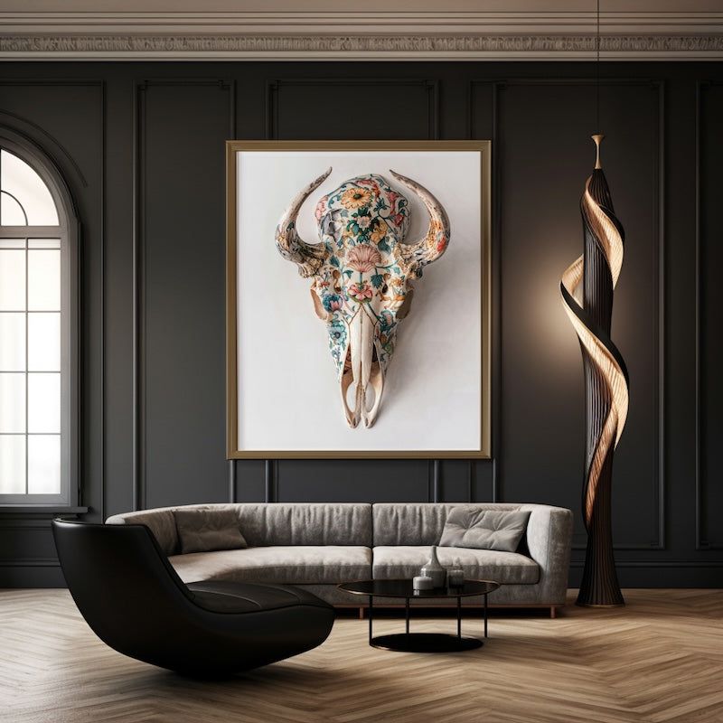 WANDBILD "Porzellan-Stierschädel mit floralen Motiven – Delfter Blue Stil" – Acrylglas & Alu-Dibond | Exklusive Limitierte und Moderne Kunst | 1 von 50 Weltweit in Museumsqualität