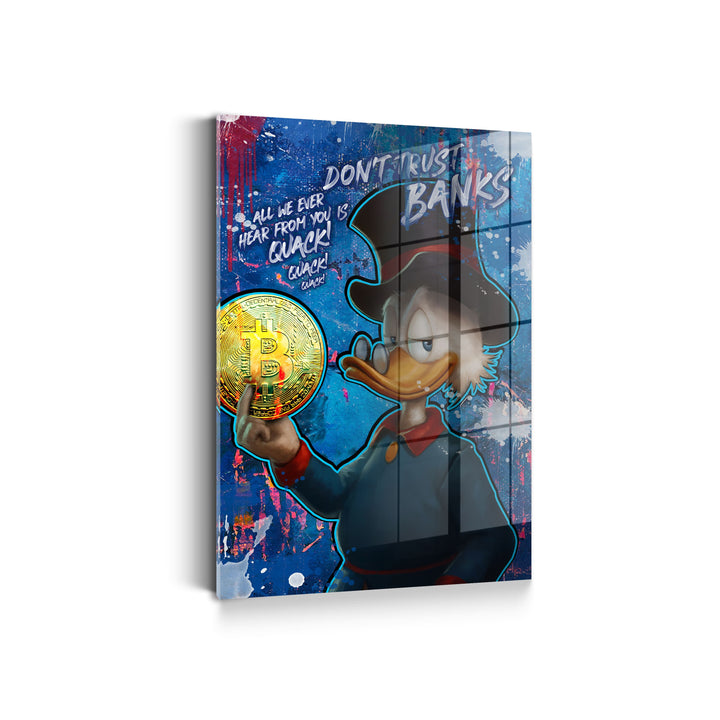 WANDBILD „Glaub nicht den Banken“ – Acrylglas & Alu-Dibond | Exklusive und Moderne Pop-Art in Museumsqualität