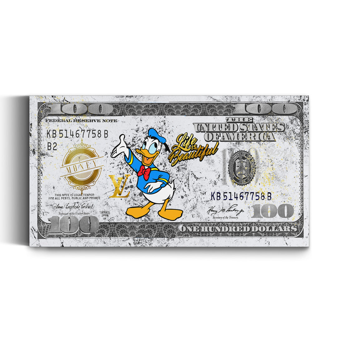 WANDBILD „Life is Beautiful – Donald Duck“ – Acrylglas & Alu-Dibond | Exklusive und Moderne Pop-Art in Museumsqualität