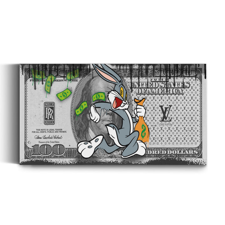 WANDBILD „Bugs Bunny – Geldregen“ – Acrylglas & Alu-Dibond | Exklusive und Moderne Pop-Art in Museumsqualität