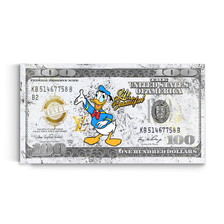 WANDBILD „Life is Beautiful – Donald Duck“ – Acrylglas & Alu-Dibond | Exklusive und Moderne Pop-Art in Museumsqualität