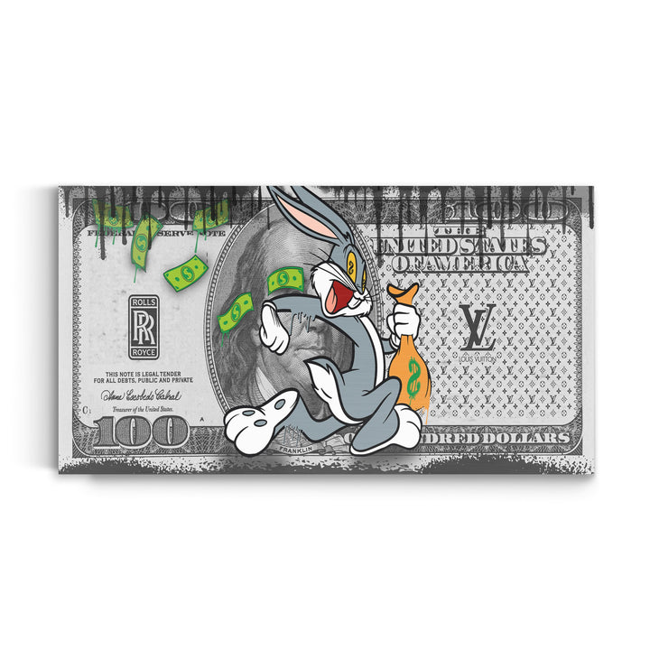 WANDBILD „Bugs Bunny – Geldregen“ – Acrylglas & Alu-Dibond | Exklusive und Moderne Pop-Art in Museumsqualität