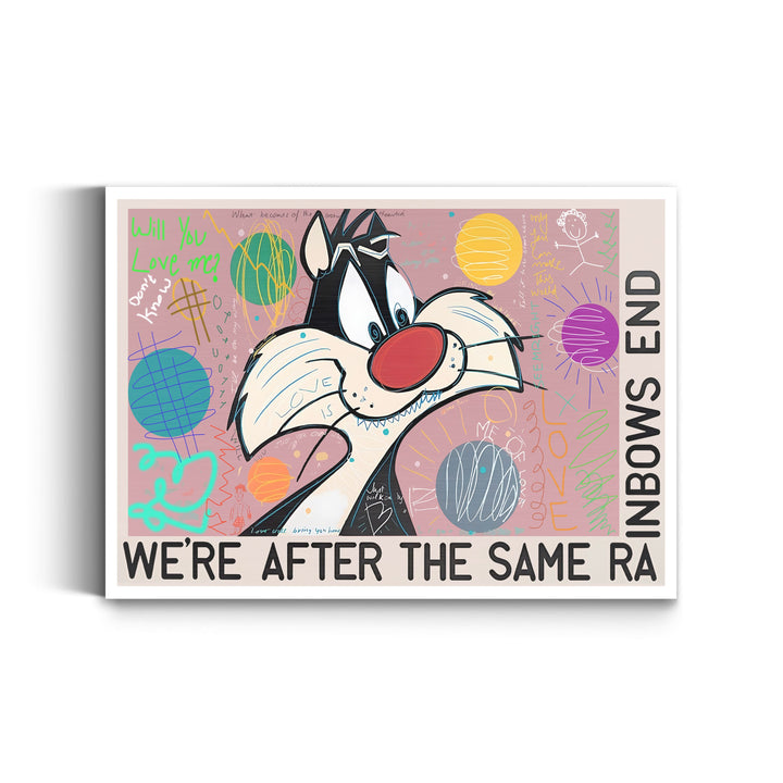 WANDBILD „Wir sind hinter dem gleichen Regenbogen“ – Acrylglas & Alu-Dibond | Exklusive und Moderne Pop-Art in Museumsqualität