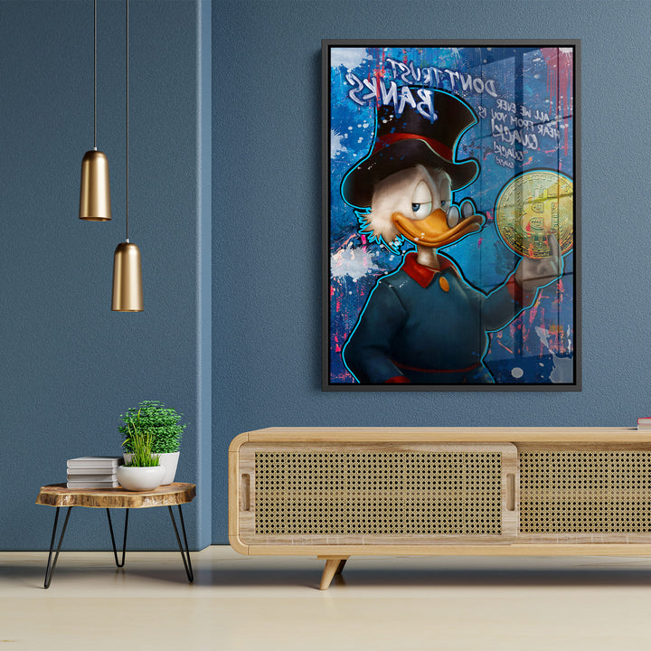 WANDBILD „Glaub nicht den Banken“ – Acrylglas & Alu-Dibond | Exklusive und Moderne Pop-Art in Museumsqualität