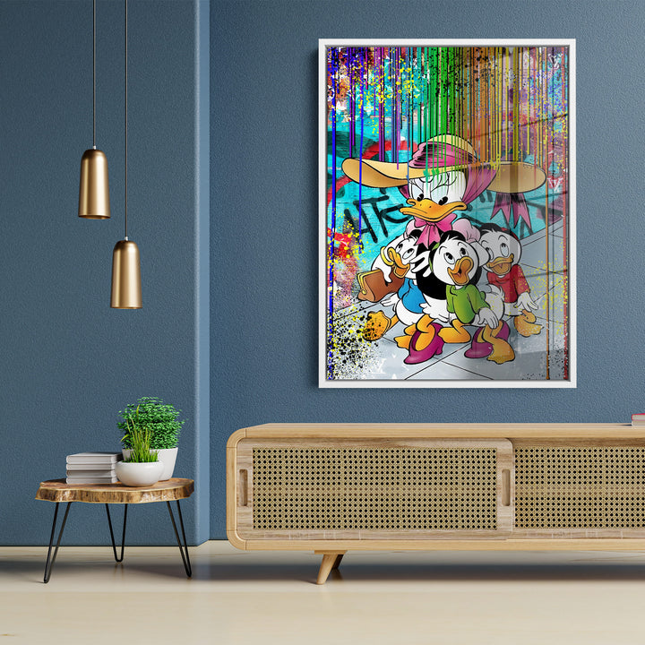 WANDBILD „Bunte Entenfamilie“ – Acrylglas & Alu-Dibond | Exklusive und Moderne Pop-Art in Museumsqualität