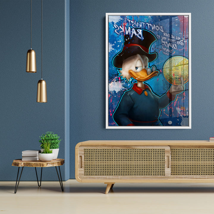 WANDBILD „Glaub nicht den Banken“ – Acrylglas & Alu-Dibond | Exklusive und Moderne Pop-Art in Museumsqualität