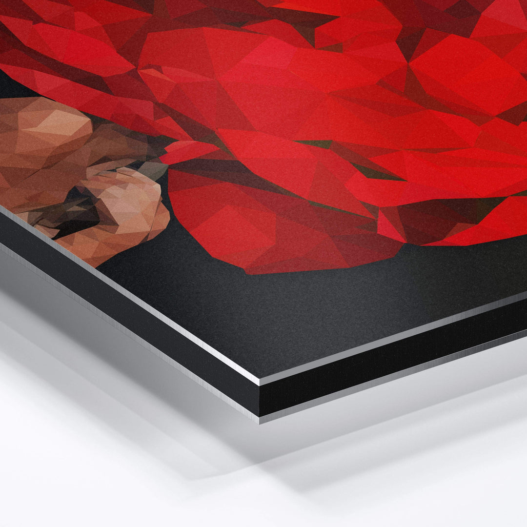 WANDBILD „Geometrische Blütenkraft in Rot - POLYGONBILD - Cleopatra“ – Acrylglas & Alu-Dibond | Exklusive und Moderne Kunst in Museumsqualität