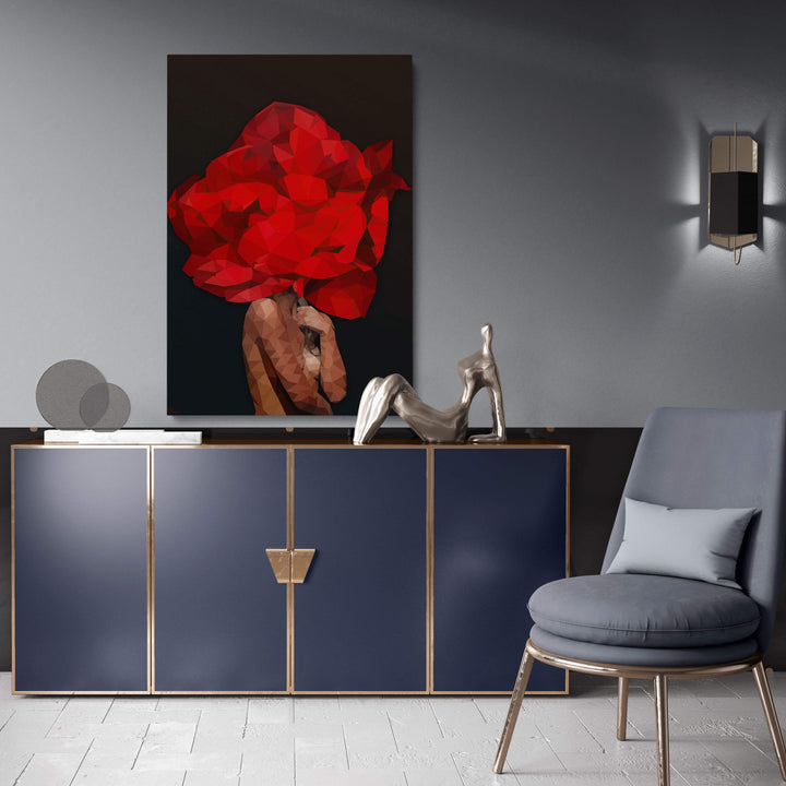 WANDBILD „Geometrische Blütenkraft in Rot - POLYGONBILD - Cleopatra“ – Acrylglas & Alu-Dibond | Exklusive und Moderne Kunst in Museumsqualität