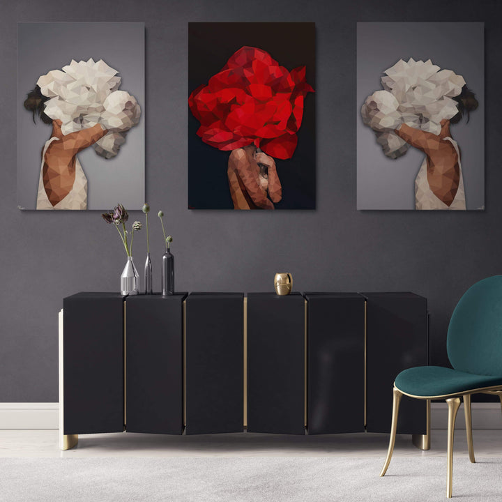 WANDBILD „Geometrische Blütenkraft in Rot - POLYGONBILD - Cleopatra“ – Acrylglas & Alu-Dibond | Exklusive und Moderne Kunst in Museumsqualität