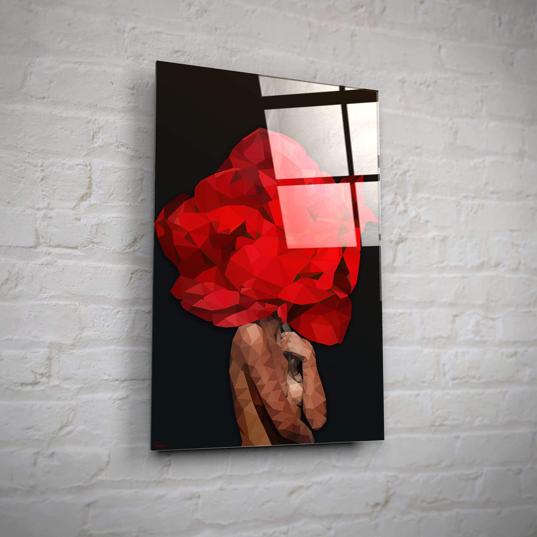 WANDBILD „Geometrische Blütenkraft in Rot - POLYGONBILD - Cleopatra“ – Acrylglas & Alu-Dibond | Exklusive und Moderne Kunst in Museumsqualität