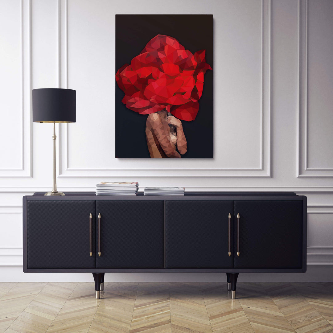 WANDBILD „Geometrische Blütenkraft in Rot - POLYGONBILD - Cleopatra“ – Acrylglas & Alu-Dibond | Exklusive und Moderne Kunst in Museumsqualität