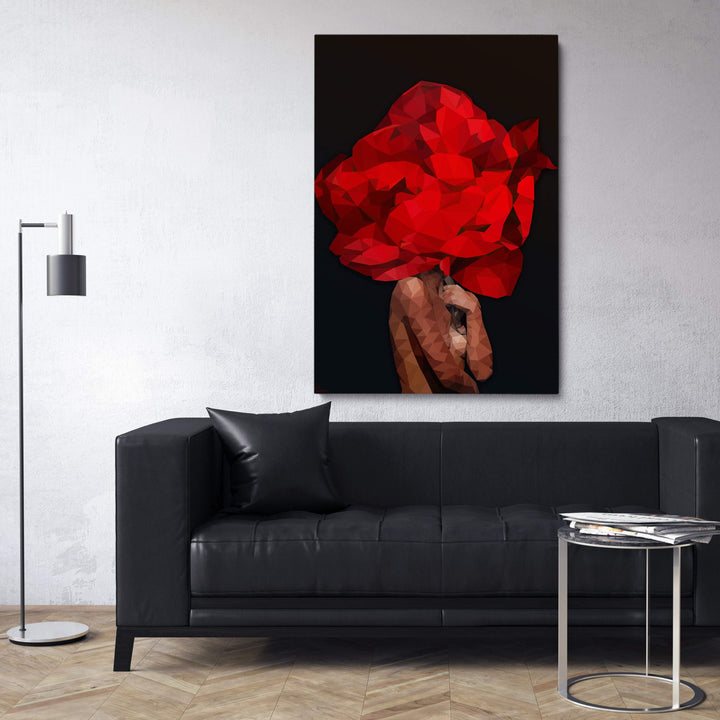 WANDBILD „Geometrische Blütenkraft in Rot - POLYGONBILD - Cleopatra“ – Acrylglas & Alu-Dibond | Exklusive und Moderne Kunst in Museumsqualität
