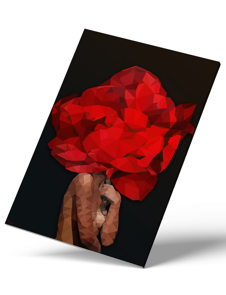 WANDBILD „Geometrische Blütenkraft in Rot - POLYGONBILD - Cleopatra“ – Acrylglas & Alu-Dibond | Exklusive und Moderne Kunst in Museumsqualität